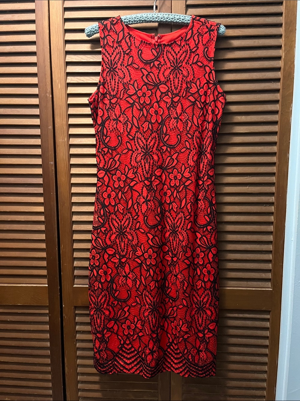 Sharagano Red Midi Dress with Black Floral Lace Overlay